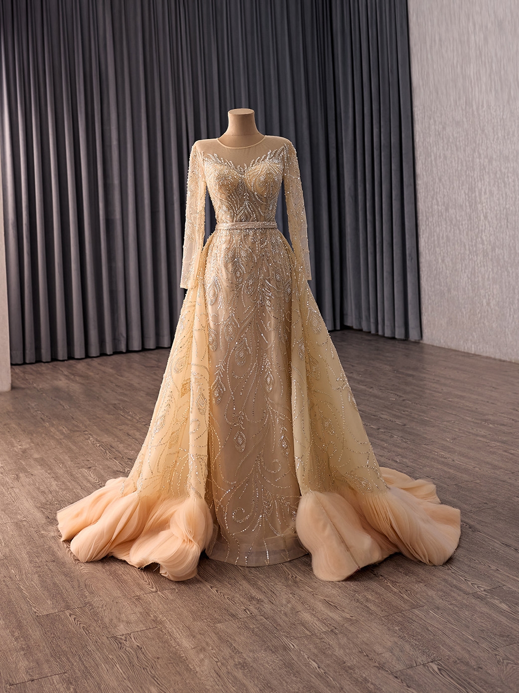 Champagne Gold Sequins Long Sleeve Prom Dress