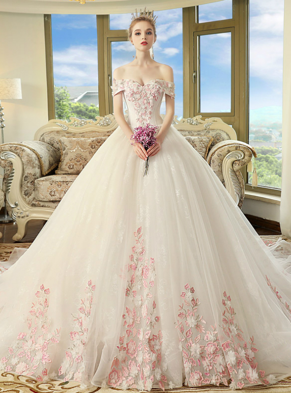 White Tulle Pink Appliques Off The Shoulder Wedding Dress