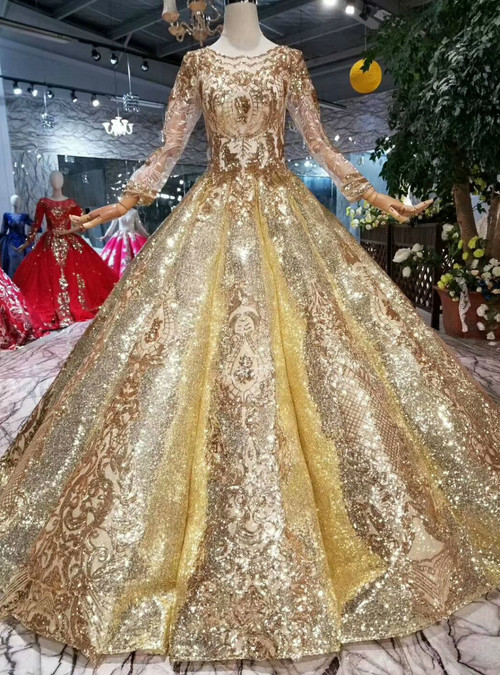 Gold Ball Gown Sequins Long Sleeve Floor Length Wedding Dress