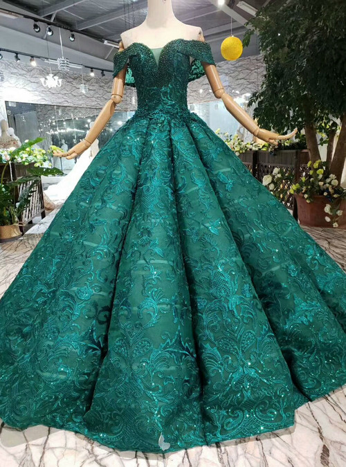 Green Ball Gown Lace Off the Shoulder Wedding Dress With Pearls