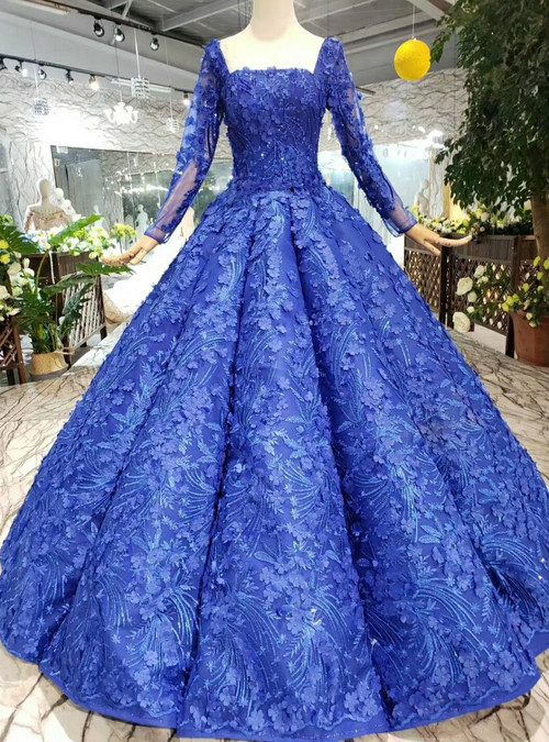 Royal Blue Ball Gown Square Long Sleeve Appliques Wedding Dress