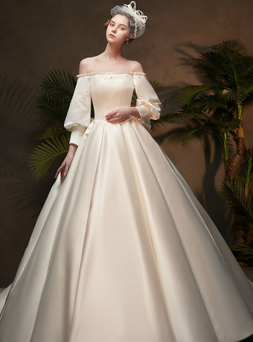 White Ball Gown Satin Off the Shoulder Puff Sleeve Wedding Dress With Bow