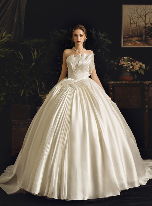 White Ball Gown Satin Strapless Sleeveless Pleats Wedding Dress