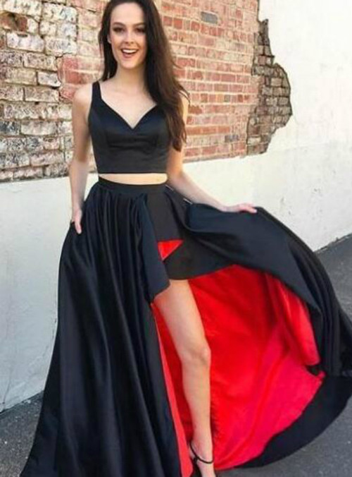 A-Line Black Hi Lo Satin Two Piece Long Prom Dress With Split