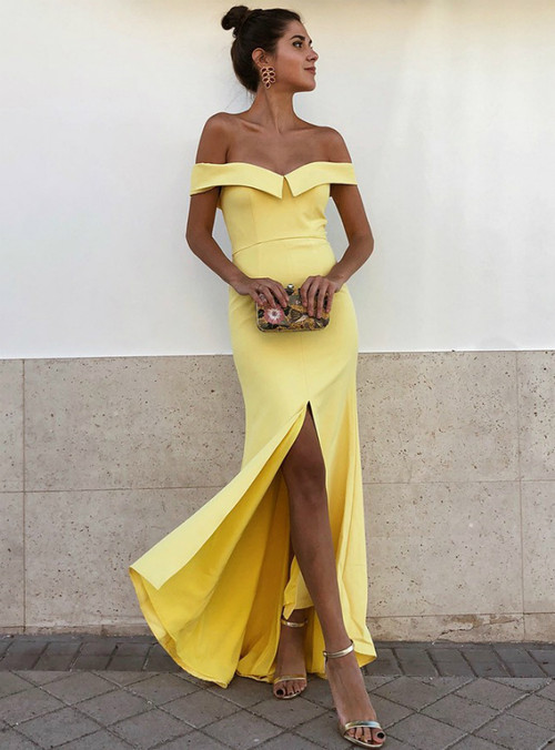Yellow Mermaid Off-the-Shoulder Satin Long Prom Dress with Split
