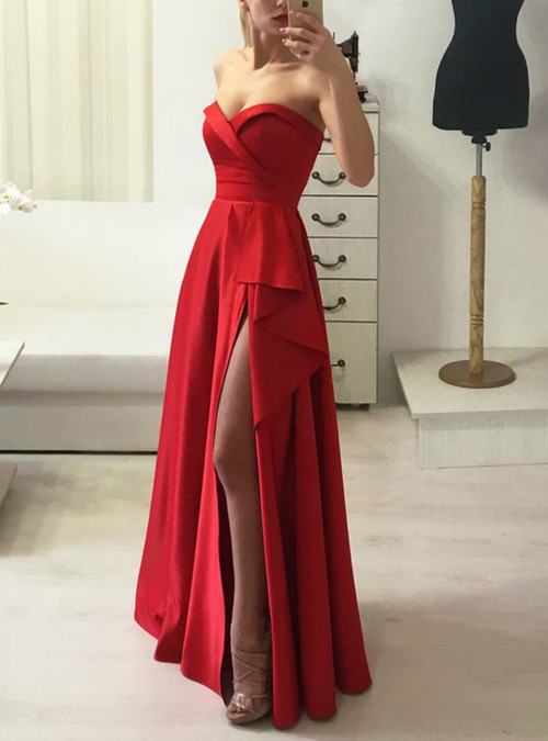 A-line Simple Red Sweetheart Long Prom Dress With Side Split