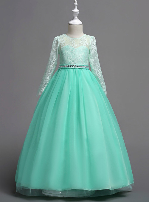 In StockShip in 48 Hours Green Tulle Appliques Long Sleeve Girl Dress Kemedress