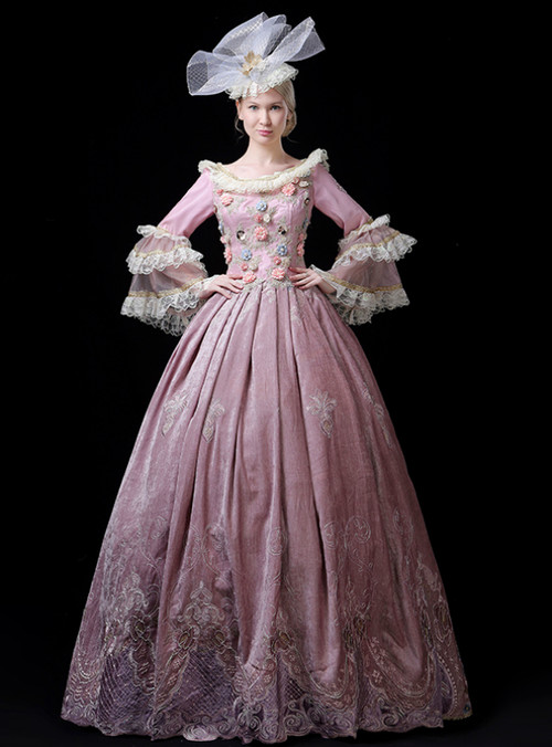 Pink Flower Puff Sleeve European Court Vintage Gown