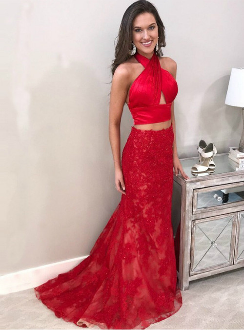Two Piece Halter Backless Sweep Train Red Prom Dress with Beading