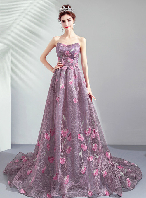 In Stock:Ship in 48 Hours Purple Tulle Embroidery Prom Dress