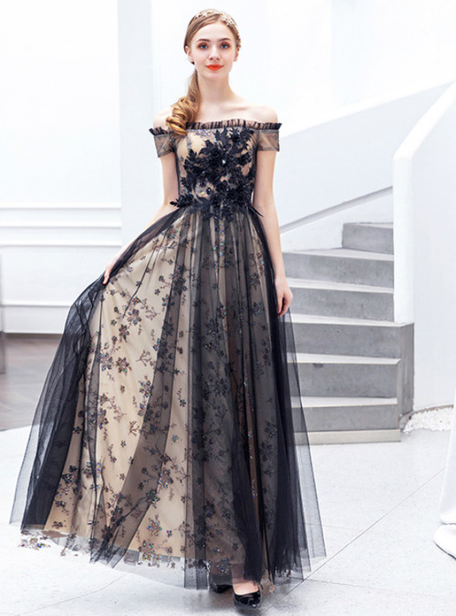 In Stock:Ship in 48 Hours Black Lace Tulle Sequins Prom Dress