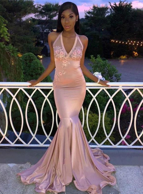 Flower Pink Long Mermaid Halter Neck Sleeve Prom Dress