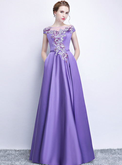 In Stock:Ship in 48 Hours Purple Satin Appliques Cap Sleeve Prom Dress