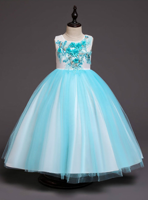 In Stock:Ship in 48 Hours Blue Tulle Appliques Girl Dress With Bow