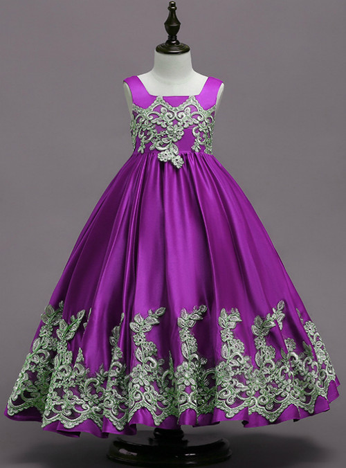 In Stock:Ship in 48 Hours Purple Satin Straps Appliques Flower Girl Dress