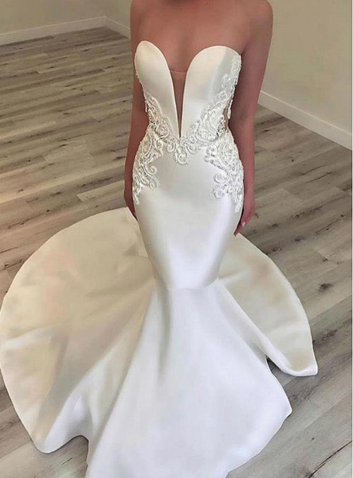 White Mermaid Satin Sweetheart Appliques Wedding Dress