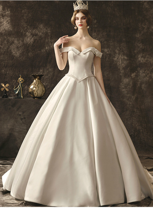 White Ball Gown Satin Off The Shoulder Backless Wedding Dress With Pearls