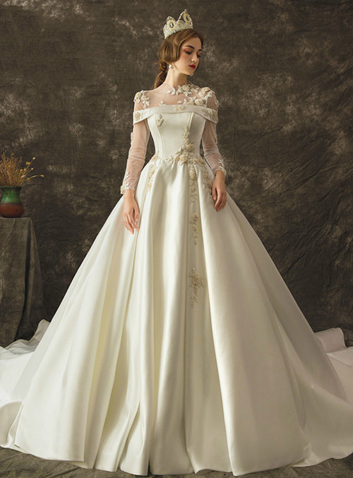 White Ball Gown Satin Long Sleeve Long Sleeve Wedding Dress With Beading