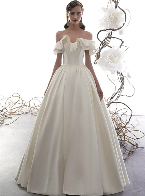 Ivory White Satin Off the Shoulder Corset Floor Length Wedding Dress