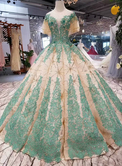 Champagne Ball Gown Sequins Green Appliques Backless Luxury Wedding Dress