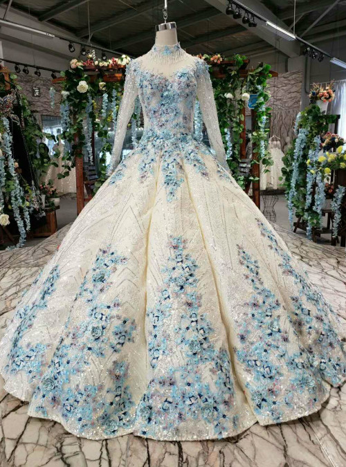Champagne Sequins Blue Embroidery Appliques Long Sleeve Luxury Wedding ...