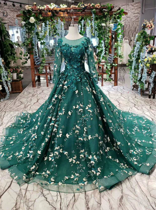 Dark Green Tulle Long Sleeve Appliques Luxury Wedding Dress With Pearls