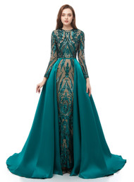 Green Mermaid Sequins Long Sleeve Long Prom Dress With Removable Train