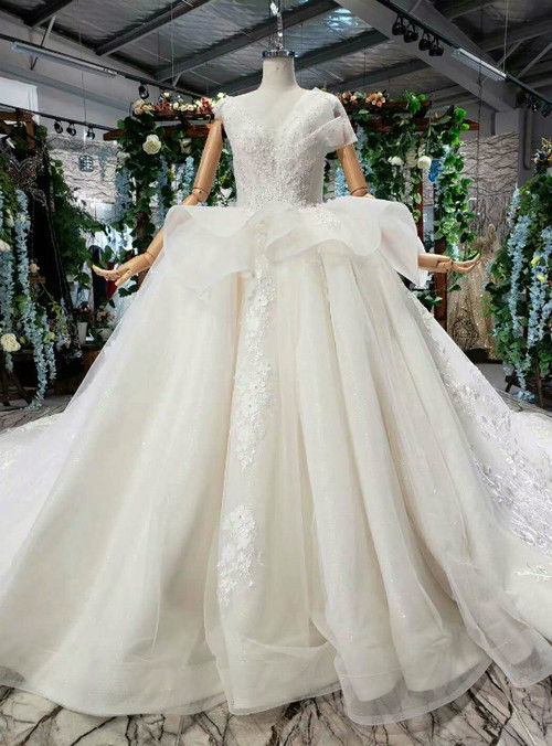 Light Champagne Tulle Appliques V-neck Backless Luxury Wedding Dress