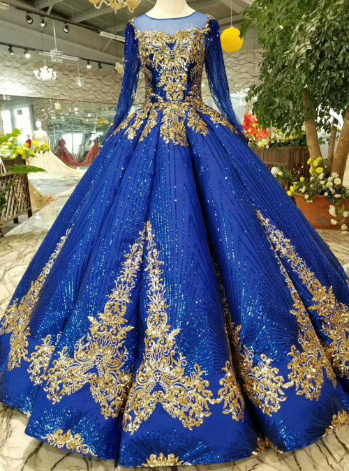 Royal Blue Ball Gown Sequins Gold Sequins Appliques Long Sleeve Luxury ...