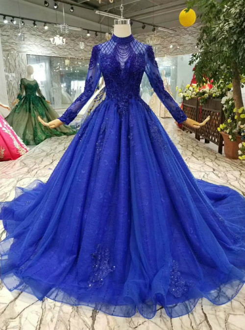 Royal Blue Tulle High Neck Backless Long Sleeve Luxury Wedding Dress ...