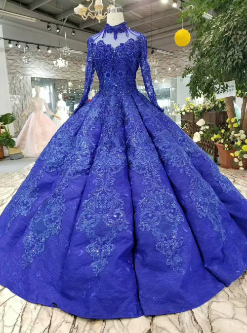 Royal Blue Appliques High Neck Long Sleeve Luxury Wedding Dress