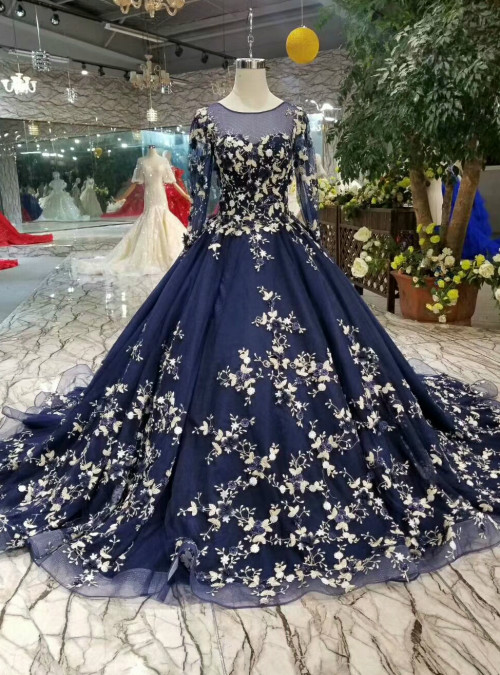 Navy Blue Ball Gown Tulle Long Sleeve Appliques Luxury Wedding Dress