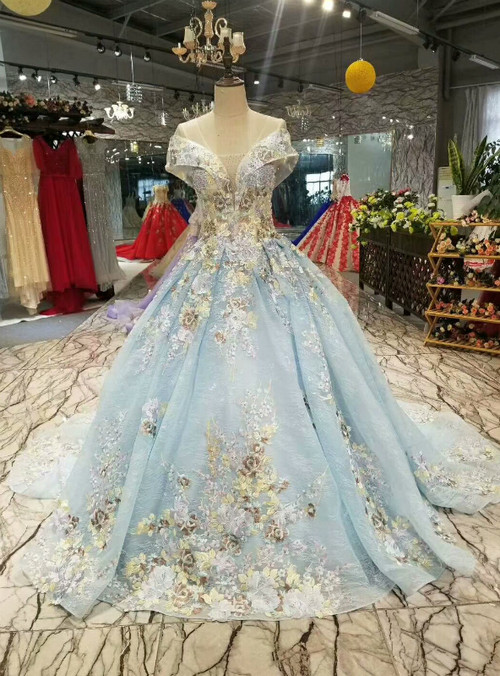Blue Ball Gown Tulle Lace See Trough V-neck Cap Sleeve Appliques Luxury ...
