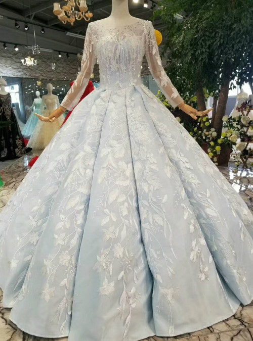 Light Blue Ball Gown Appliques Long Sleeve Floor Length Wedding Dress ...