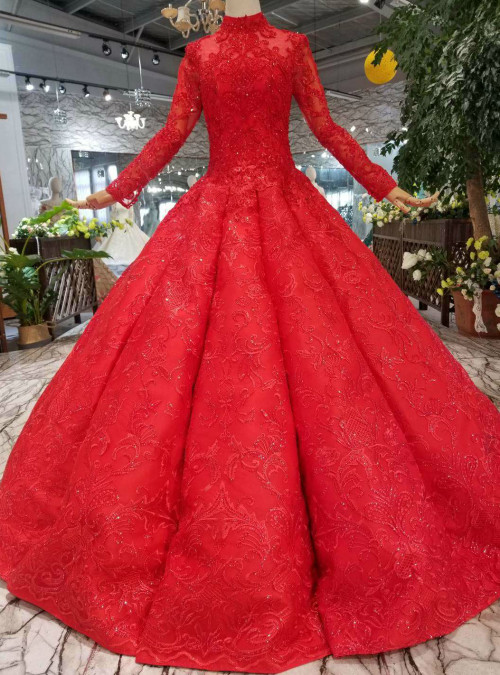 Watermelon Red Ball Gown Lace Appliques Long Sleeve Wedding Dress main image 0
