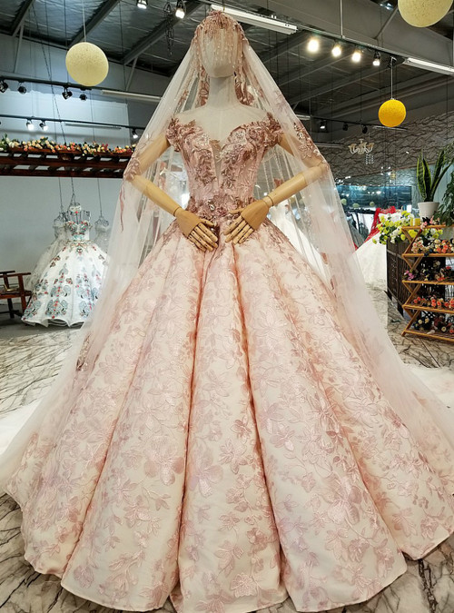 light pink ball gown wedding dress Gorgeous Pink Tulle Off shoulder Ball Gown Wedding Dresses, Quinceanera Dresses, MW205