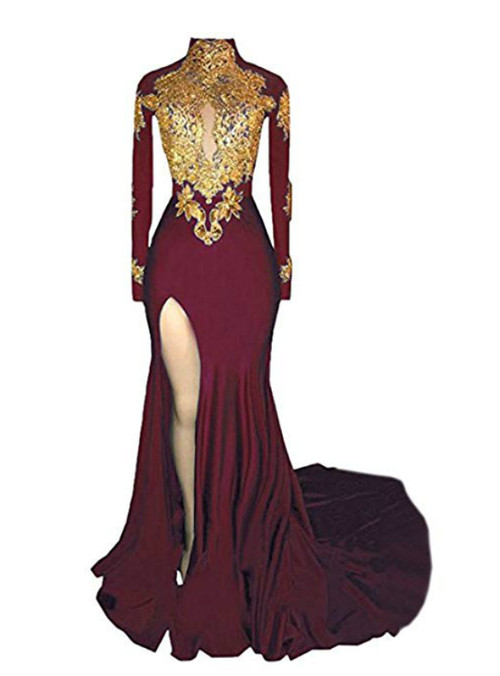 Burgundy Long Sleeves Mermaid Appliques Backless Prom Dress