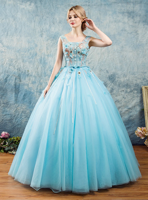 In Stock:Ship in 48 Hours Blue Tulle Appliques Quinceanera Dress