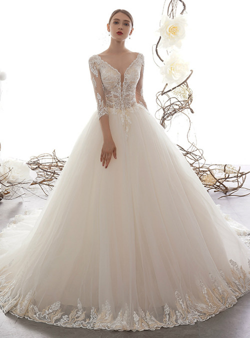Champagne V Neck Tulle Appliques Backless Wedding Dress main image 1