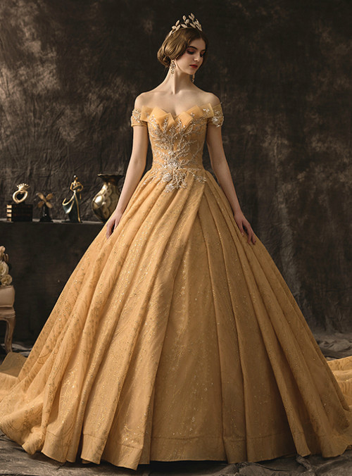 gold tulle wedding dress Champagne Gold Tulle Sequins Off the Shoulder Beading Wedding Dress With  Train