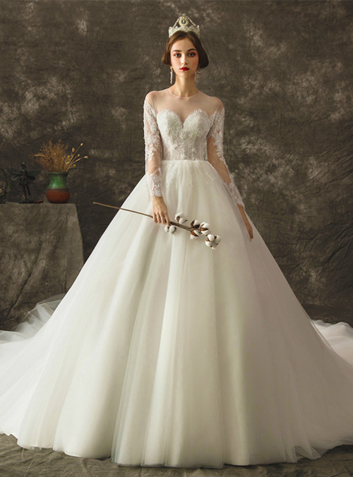 White Tulle Lace Appliques Cap Sleeve Wedding Dress main image 0