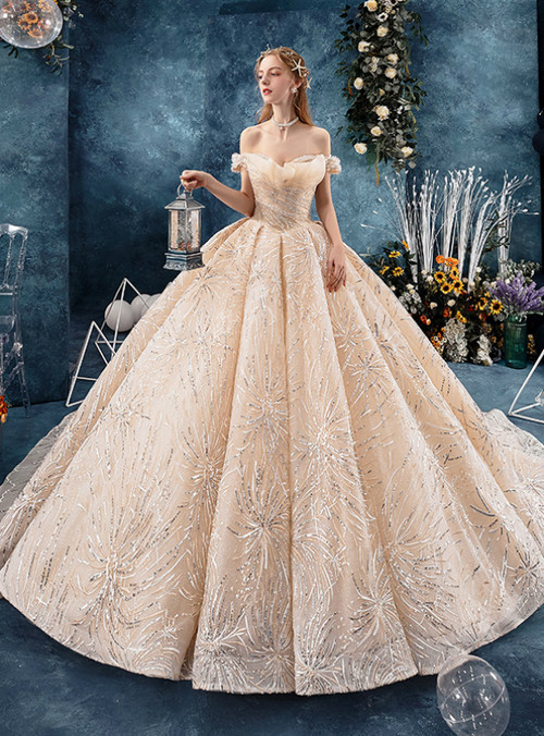gold and champagne wedding dresses Vintage Champagne Wedding Dresses with 3D Flowers A Line Off the Shoulder Bridal