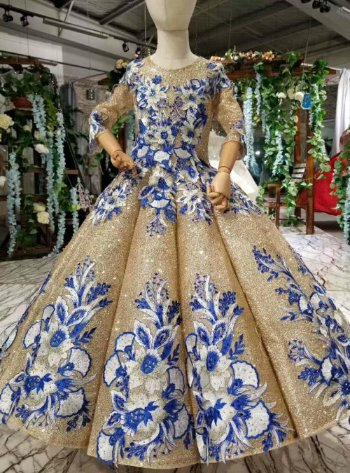 Ball Gown Round Neck Long Sleeves Flower Girl Lace Dress with Crystal Appliques