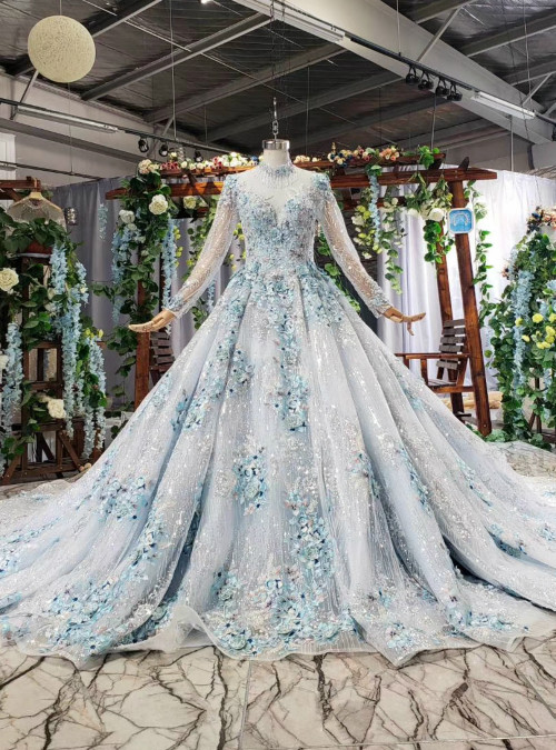 Blue Ball Gown Sequins Long Sleeve High Neck Long Sleeve Appliques ...