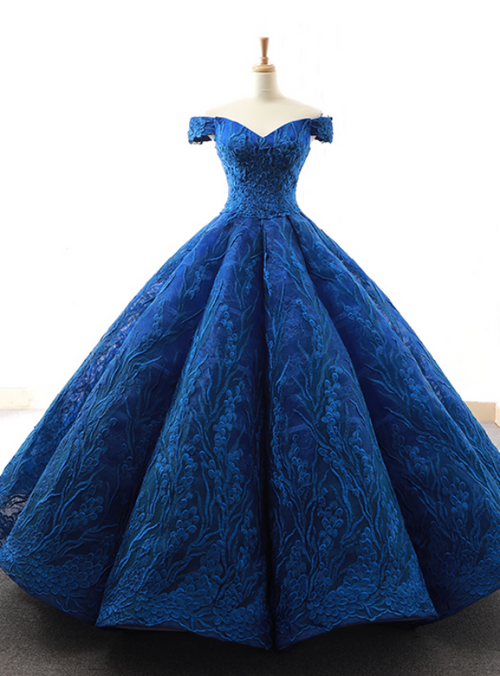 Royal Blue Ball Gown Tulle Lace Appliques Off the Shoulder Prom Dress