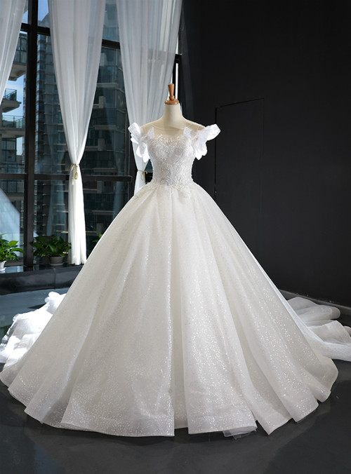 White Ball Gown V-neck Backless Tulle Beading Sequins Floor Length Wedding Dress main image 0