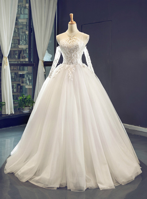 White Ball Gown Tulle Lace Appliques High Neck Wedding Dress