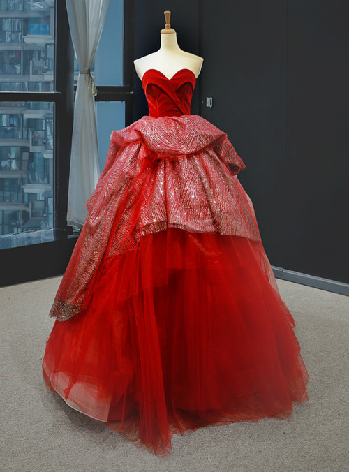 Beautiful Burgundy Tulle Sequins Ball Gown Formal Prom Evening Dress Y8010