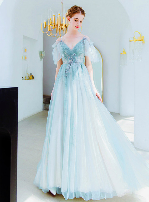 A Line Spaghetti Straps Appliques Blue Tulle Lace Up Prom Dress LBQ4182
