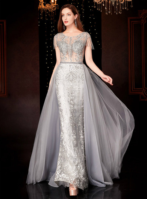 Grey Blue Tulle A Line Cap Sleeves Pleated Long Mother Of Bride Dress main image 1